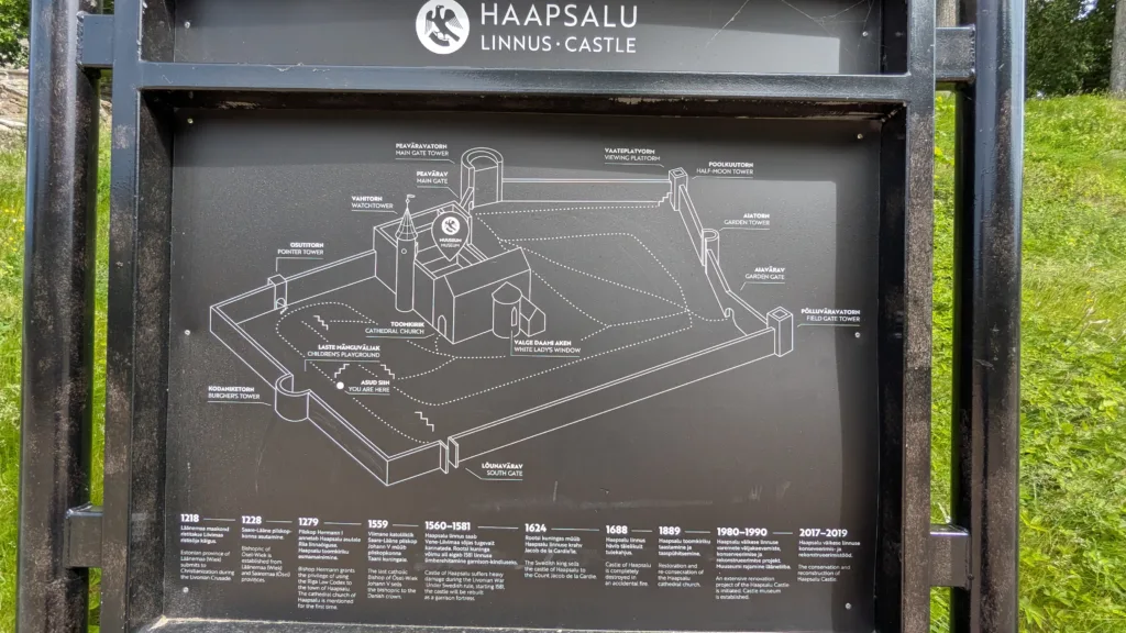 Map of Haapsalu Castle grounds with labeled landmarks and a historical timeline from 1218 to 2019